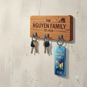 A close-up view of a high-quality wooden key holder customized with a laser-engraved family name on the wall.