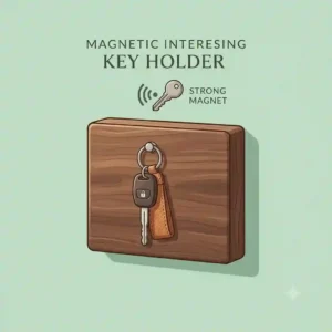 An interesting key holder with a minimalist magnetic design showing a set of keys floating beneath a wooden block.
