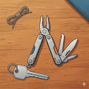 A miniature multi tool placed next to a standard house key to demonstrate its pocket-sized, compact scale.