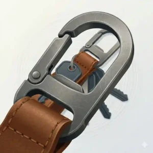 An ultra-macro illustration detailing the texture of the minimalist keychain metal clip.