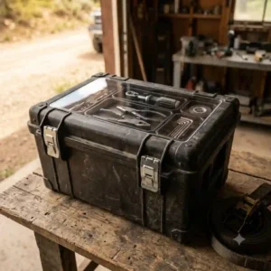 A lightweight, compact tool box for travel showing organized compartments for essential hand tools.