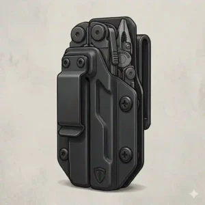 A heavy-duty black Kydex multitool sheath showing a modern, rigid tactical design with adjustable tension screws.