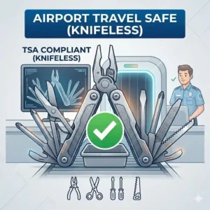 A vector illustration of a travel safe multi tool without knife blade passing securely through airport TSA fanned screening.