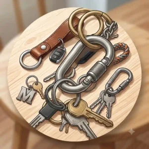 Alt Text: A neat close-up illustration of a minimalist brown leather best keychain for car keys with a metal loop and a single modern car fob on a wood background.