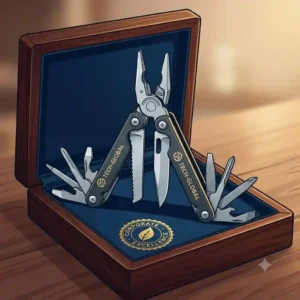 Vector illustration of a premium custom multi tool branded with a corporate company logo inside a luxury wooden gift box.