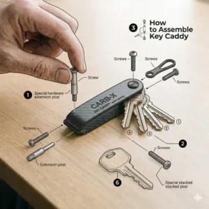A top-down diagram showing how to stack keys inside a compact key caddy using hardware extensions.