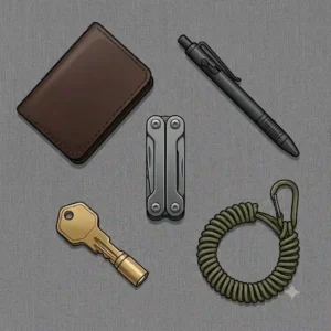 A flat lay illustration of everyday carry gear featuring a minimalist wallet, tactical pen, and a tiny multi tool.