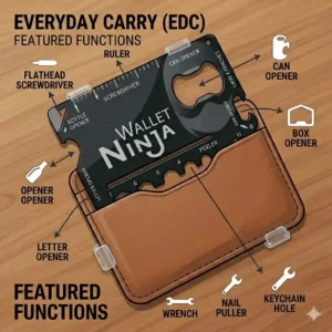 Minimalist everyday carry flat lay layout featuring a ninja wallet ninja card next to pocket keys and a smartphone