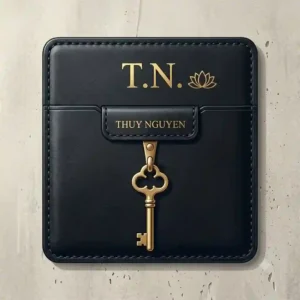 A sleek, handcrafted black leather key holder customized with gold initials and a matching gold key.
