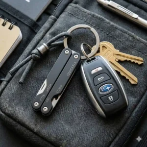A sleek miniature multi tool attached to a metal keychain alongside car keys for everyday carry utility.