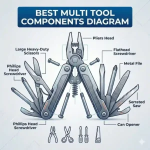 An exploded vector diagram fanning each individual component of a knifeless multi tool, fanning its full fanned fanned design.