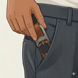 An illustration showing a hand easily sliding a minimalist keychain into a tailored pants pocket.