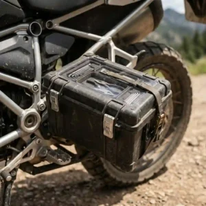 A sleek, waterproof motorcycle tool box for travel mounted to the frame of an adventure touring bike.