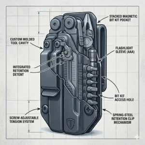 An illustrative diagram highlighting the internal pockets of an everyday carry multitool sheath.