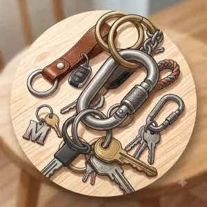 A detailed illustration of a complex black tactical best keychain for car keys, featuring a carabiner, paracord weave, and multiple keys.