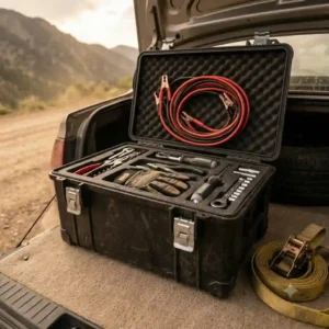 An open emergency car tool box for travel containing jumper cables, wrenches, and safety gear on the roadside.