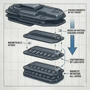 An illustration of a compact multitool sheath clipped horizontally onto a person's leather waist belt.