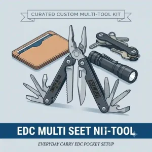 A flat lay illustration of an everyday carry EDC pocket setup featuring a custom multi tool, a leather wallet, keys, and a tactical flashlight.