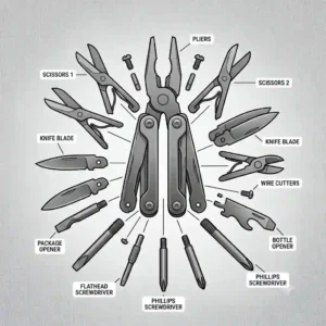 An exploded diagram illustration showing the individual functions of a tiny multi tool, including pliers, scissors, and a knife blade.