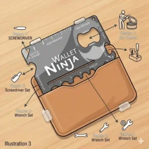 Instructional infographic showing a smartphone resting perfectly on a ninja wallet ninja card used as a functional kickstand