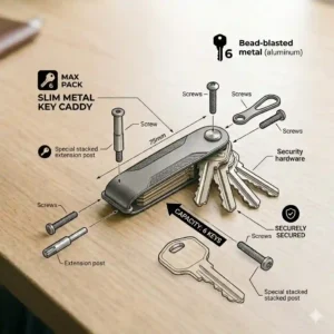A slim metal key caddy securely holding six standard house keys wrapped tightly inside.
