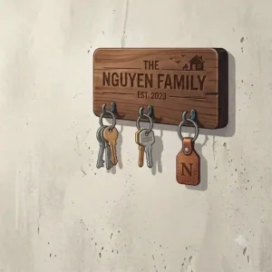 A modern entryway wall featuring a wooden key holder customized alongside a personalized leather keychain setup.