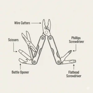 An annotated diagram highlighting the built-in components of a miniature multi tool, including wire cutters, scissors, and a bottle opener.