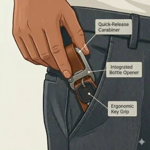 An annotated diagram highlighting the integrated tools on a minimalist keychain.