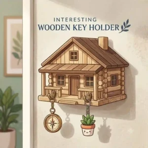 A handmade rustic wooden rack featuring interesting key holders and a small shelf for mail in a cozy hallway.