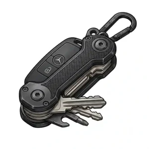 An illustration showing a sleek, compact black key organizer for fobs and standard keys, representing the functional best keychain for car keys.