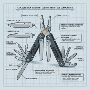 An exploded view diagram illustrating the internal components and functions of a custom multi tool, including pliers, wire cutters, and screwdrivers.