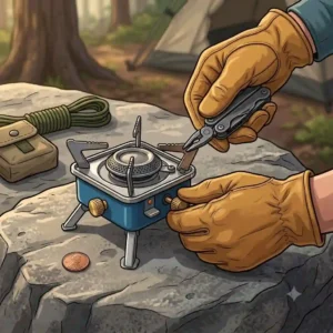 An illustration of a camper using a tiny multi tool to tighten a loose screw on a portable camping stove.