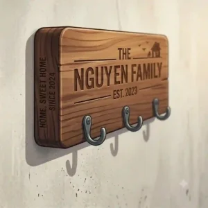A close-up side angle of a wall-mounted wooden key holder customized with metallic hooks for home organization.