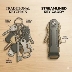 A comparison layout showing a bulky traditional keychain next to a pocket-sized, streamlined key caddy.