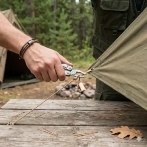 A person using a stainless steel miniature multi tool to cut a small cord while camping outdoors.