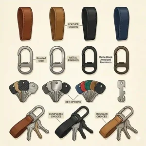 A grid illustration displaying the minimalist keychain available in different materials and colors.