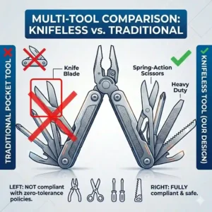 A comparative chart fanning a standard fanned pocket knife tool (with bold red X) vs. a multi tool without knife blade (with prominent fanned checkmark).