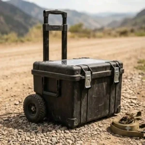 A rugged, rolling tool box for travel with a telescopic handle and heavy-duty wheels for easy transport.