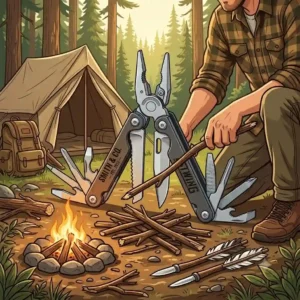 An outdoor-themed illustration of a camper using a rugged custom multi tool to prepare kindling wood next to a campfire.