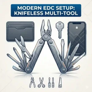 A minimalist, fanned vector EDC flatlay fanning a multi tool without knife blade alongside keys, wallet, and a fanned fanned phone.