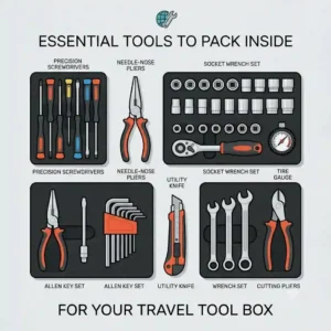 Flat lay illustration showcasing essential screwdrivers, pliers, and sockets to pack inside a tool box for travel.