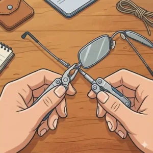 Close-up of someone using the micro screwdriver on a miniature multi tool to tighten a screw on a pair of eyeglasses.
