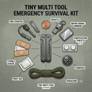 A compact emergency survival kit layout showcasing a tiny multi tool as the central gadget.
