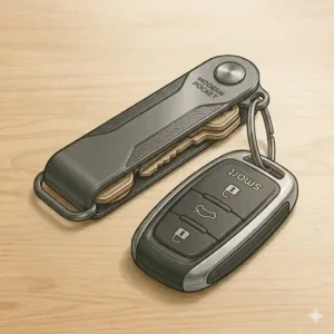 A smart key caddy with an integrated D-ring loop holding a modern car key fob.
