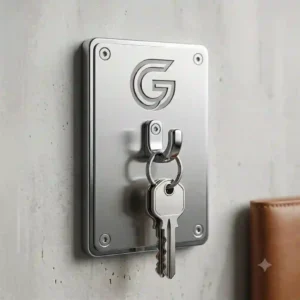 A minimalist metallic wall plate key holder customized with a corporate logo design and a single key attached.