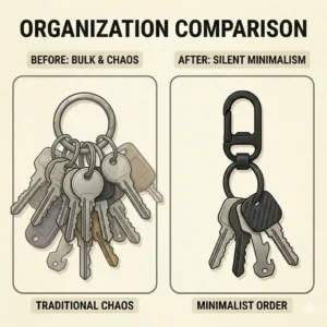 A comparison illustration showing traditional keychain chaos next to minimalist keychain order.