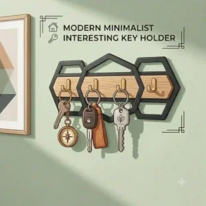 Sleek geometric shapes forming interesting key holders mounted on a clean white wall for a contemporary home.