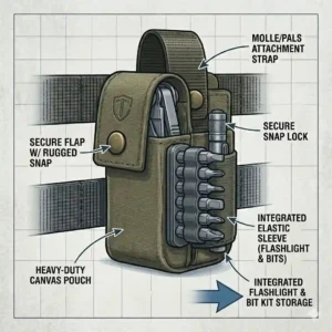 A heavy-duty canvas multitool sheath designed with an integrated elastic sleeve holding a flashlight and bit kit.