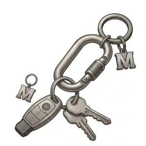 An illustration of a black tracking best keychain for car keys with a small LED indicator, designed to prevent loss.