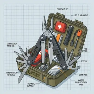 A graphic representation of a car emergency survival kit containing a first aid box, flashlight, and a heavy-duty custom multi tool.